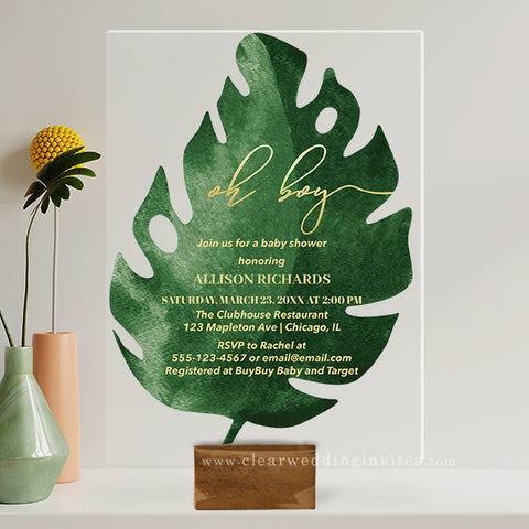 Tropical Leaf Gold and Greenery Oh Baby Shower Acrylic Invitation CWIBA06