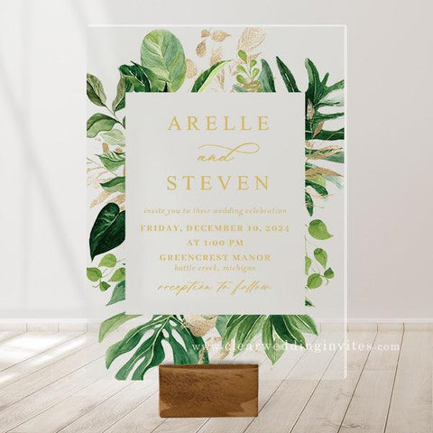 tropical palm leaves gold frame acrylic invitations for wedding quinceneara sweet 16 CWIA147