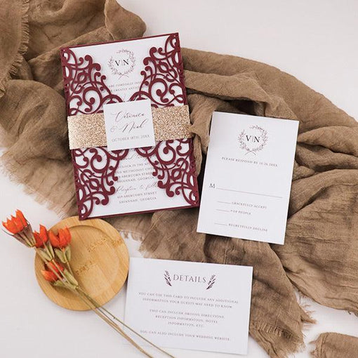 stunning red burgundy and rose gold monogram wedding invitation CWIL90