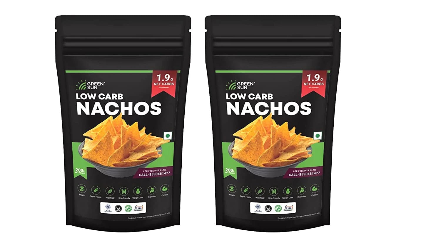 Green Sun Low Carb Nachos Chips 200 Grams Healthy Mexican Tortilla Peri Peri Keto Friendly Tasty Savoury Snack Low Calorie Sugar Free High Protein Low GI Super Foods High Fiber pack of 2