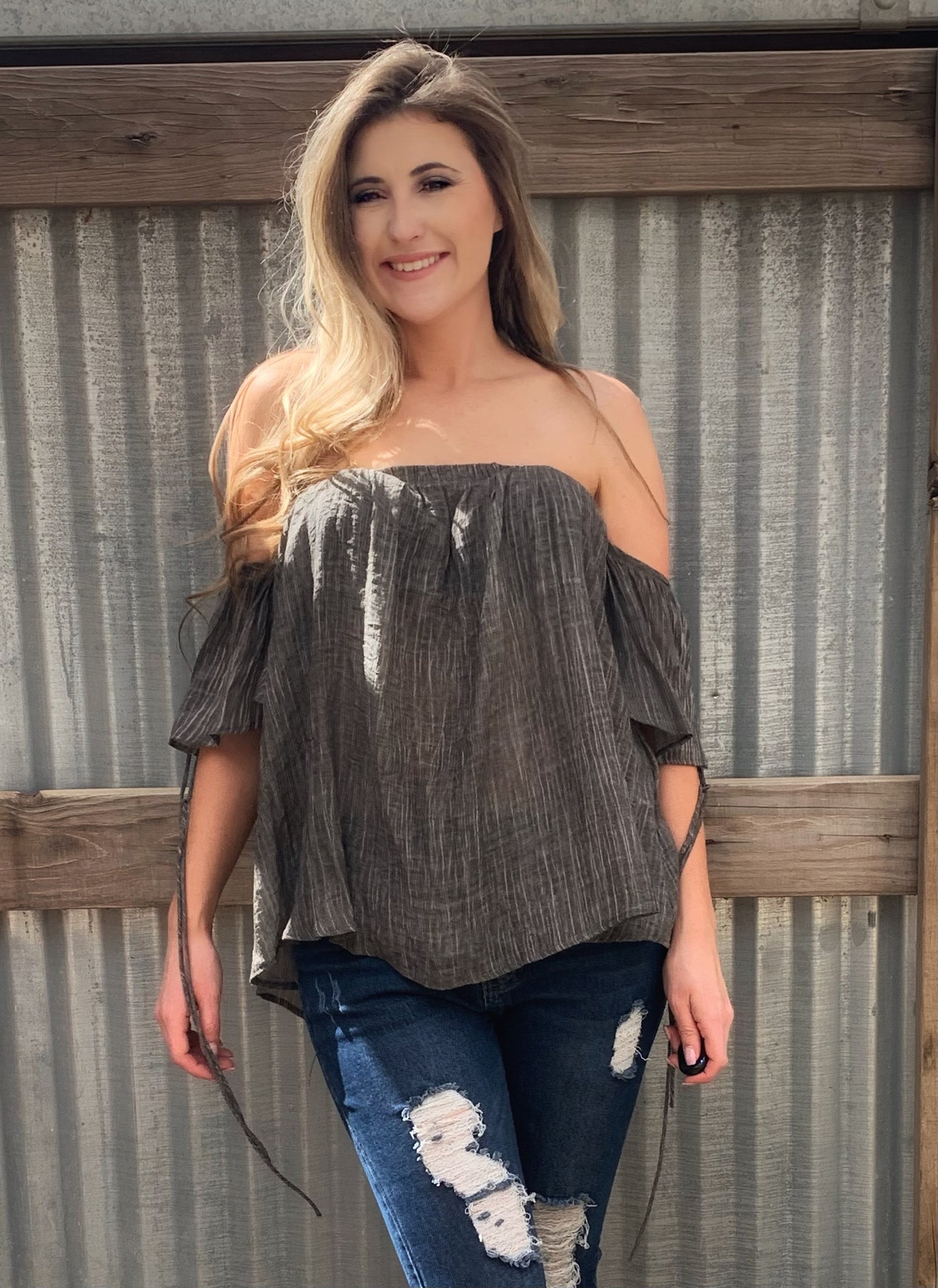 open shoulder lace top