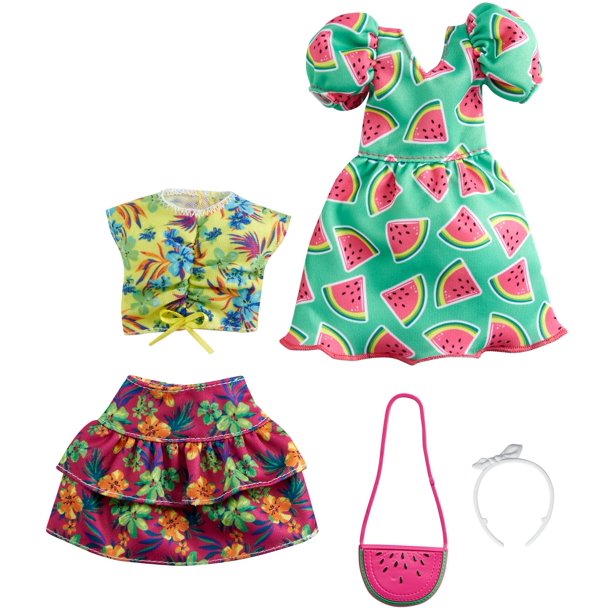 Barbie Fashions 2-Pack Clothing Set for 9" Barbie Doll with Watermelon-Print Dress, Floral Skirt, Tropical Tank & 2 Accessories, - Friendly Toy Box