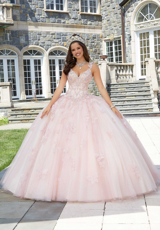 11279  Glitter Tulle Quinceañera Dress with Three-Dimensional Floral –  Princess Paradise