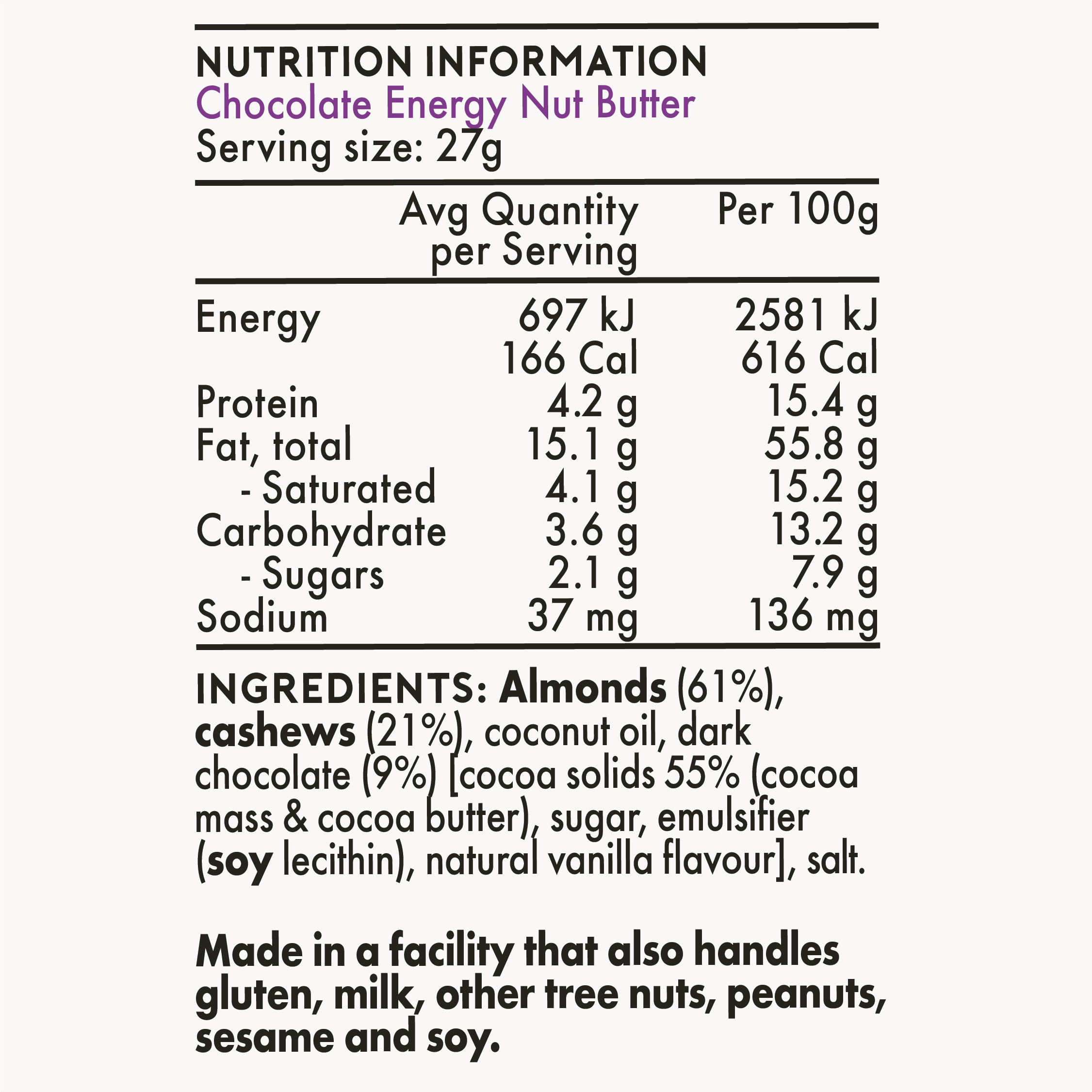 Roam - Chocolate Almond Energy Nut Butter - Nutritional Chart