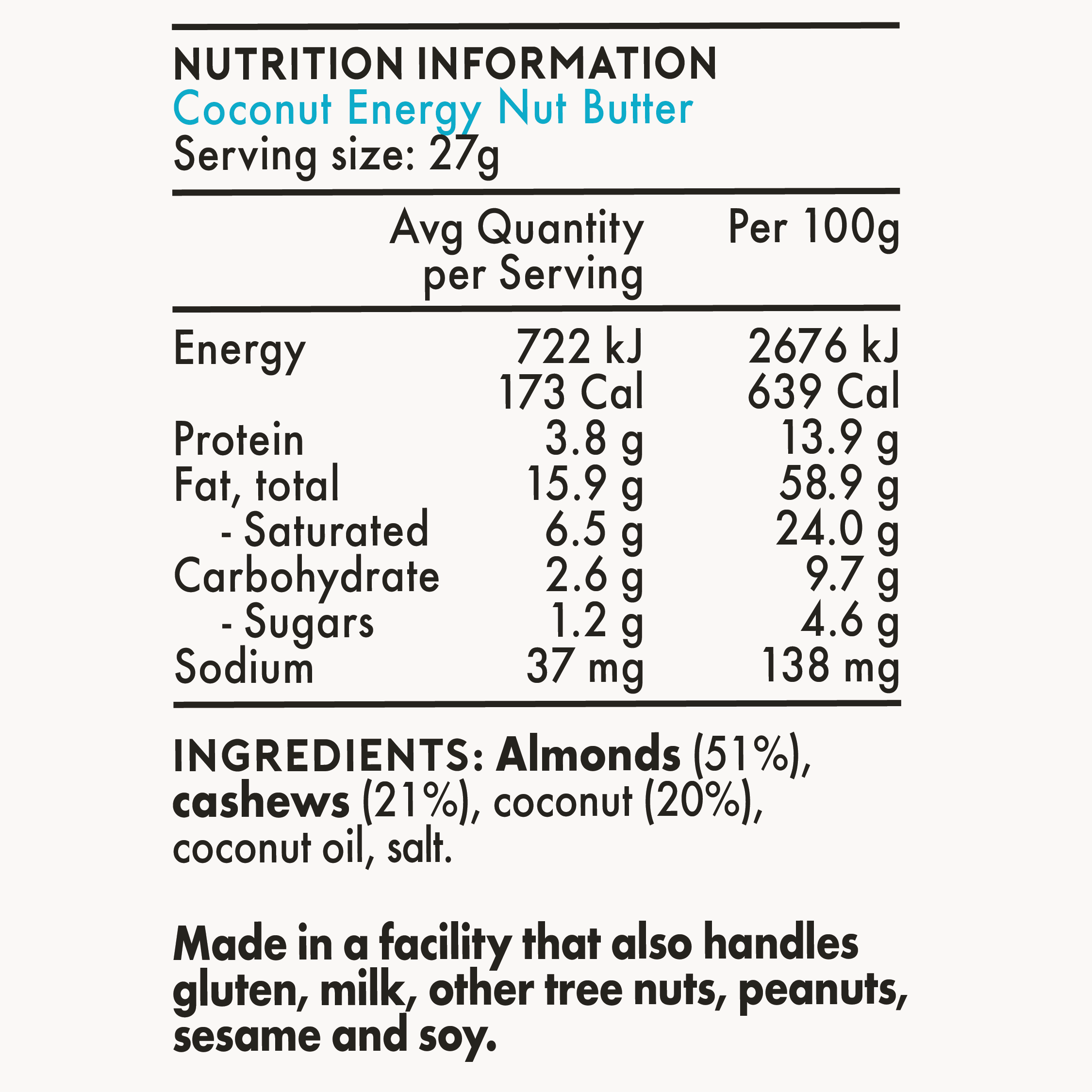 Roam - Coconut Almond & Cashew Energy Nut Butter - Nutritional Chart