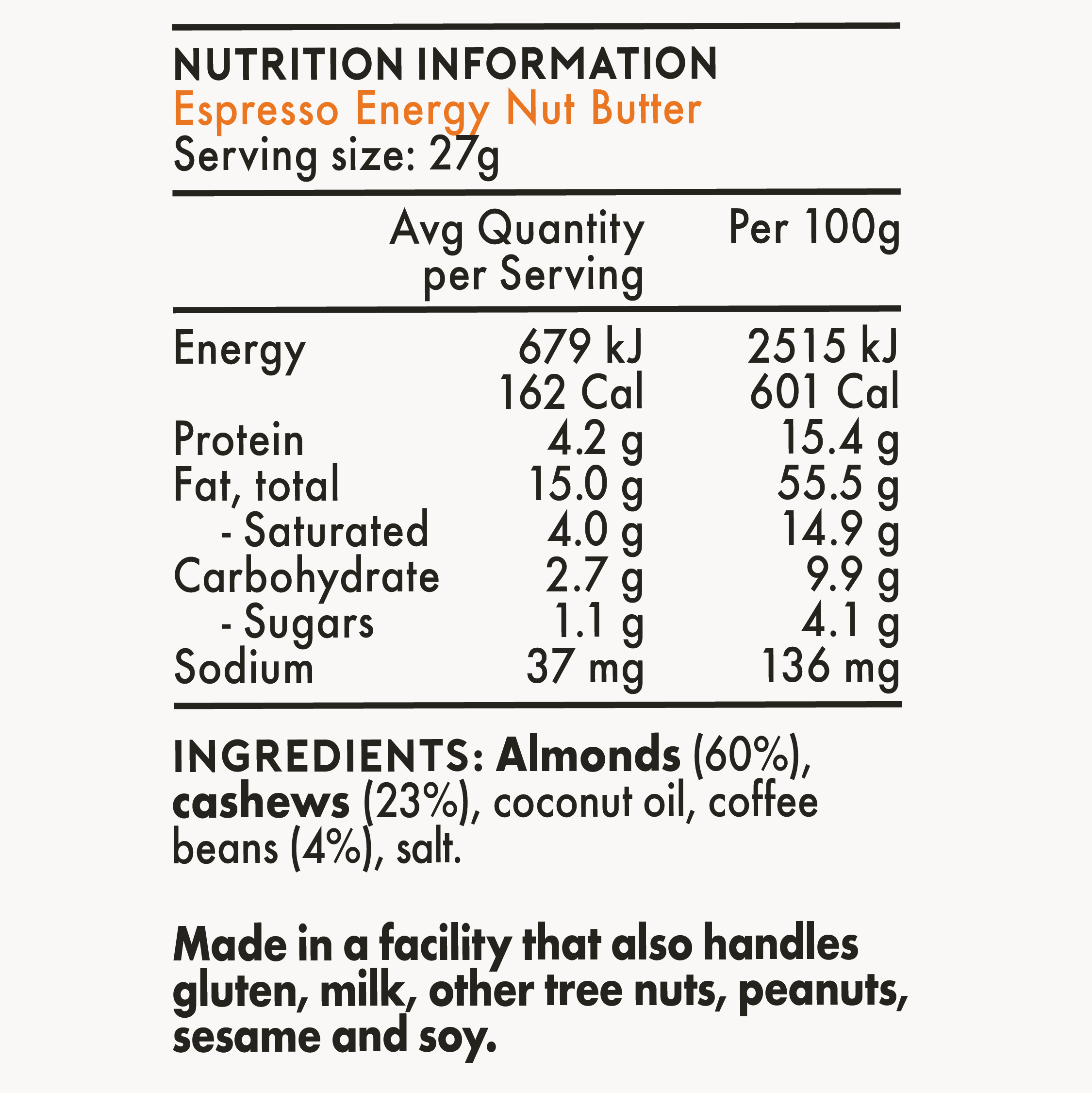Roam - Espresso Almond & Cashew Energy Nut Butter - Nutritional Chart