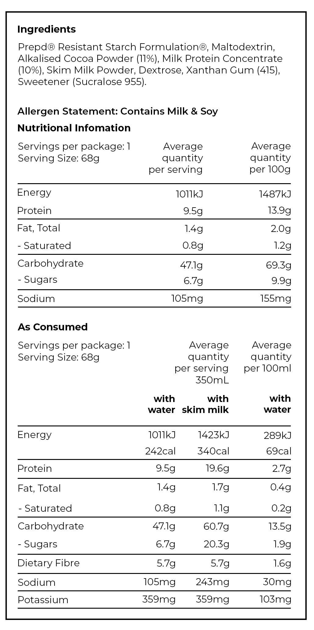 PREPD Hydration Prime Satchels nutrition chart in chocolate flavour 