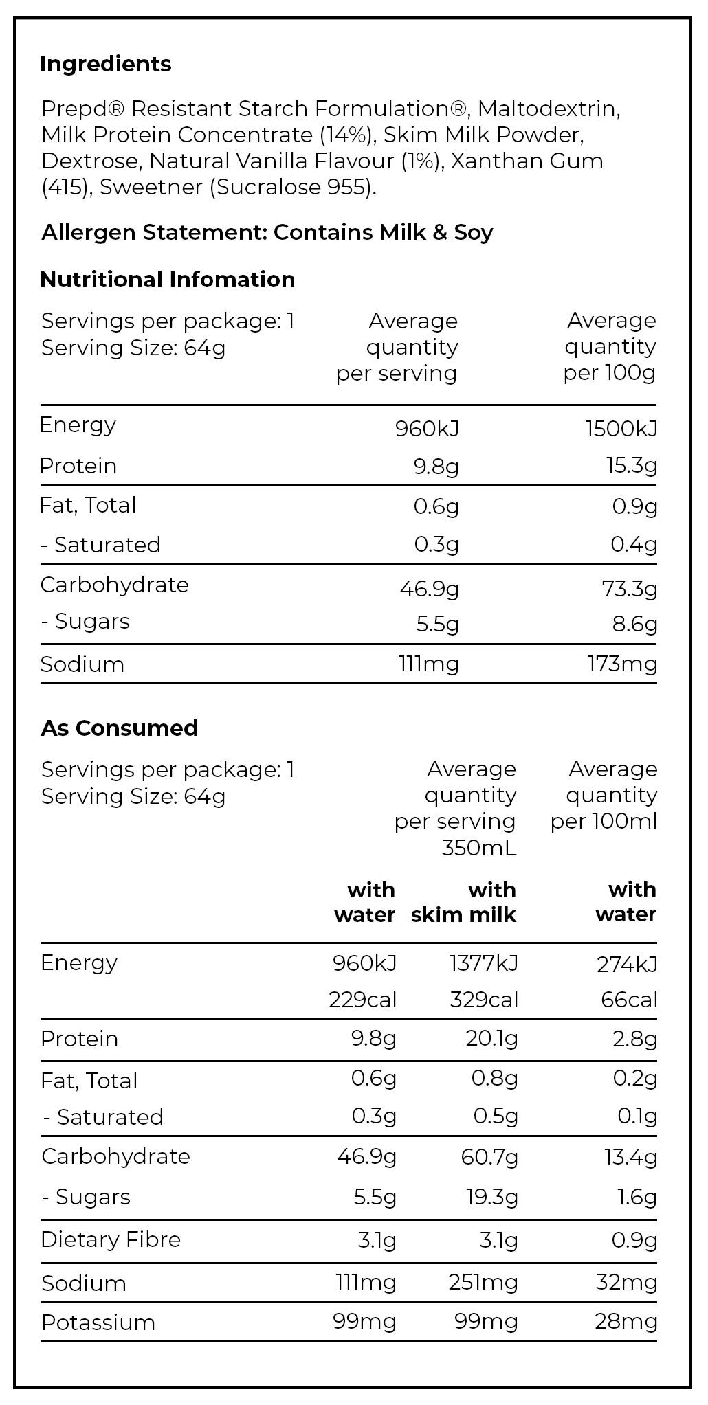PREPD Hydration Prime Satchels nutrition chart in vanilla flavour 