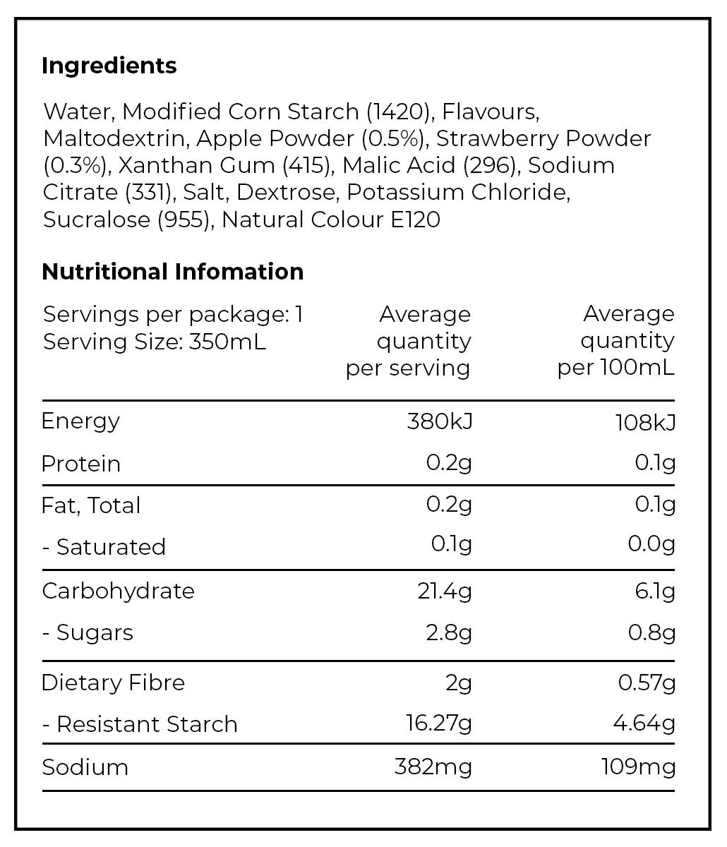 PREPD Hydration Recover Drink nutrition chart in strawberry & kiwi flavour 