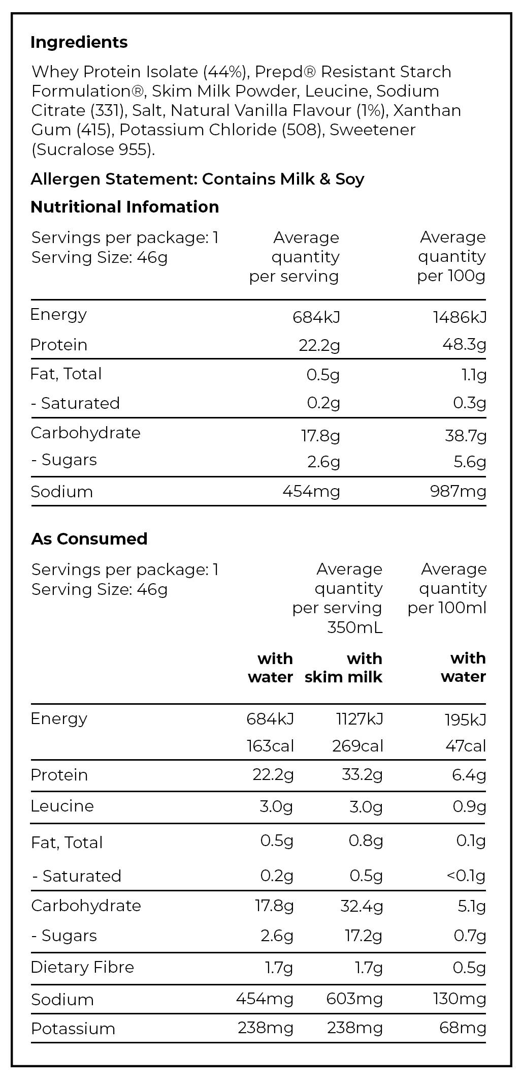 PREPD Hydration Recover nutrition chart in vanilla flavour 
