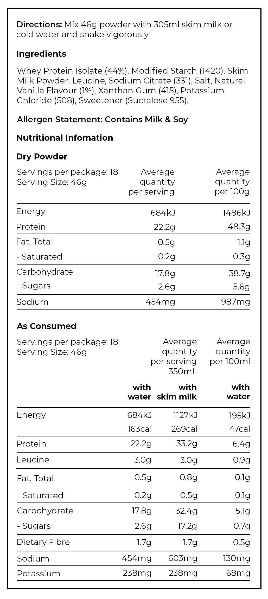 PREPD Hydration Recover nutrition chart in vanilla flavour 