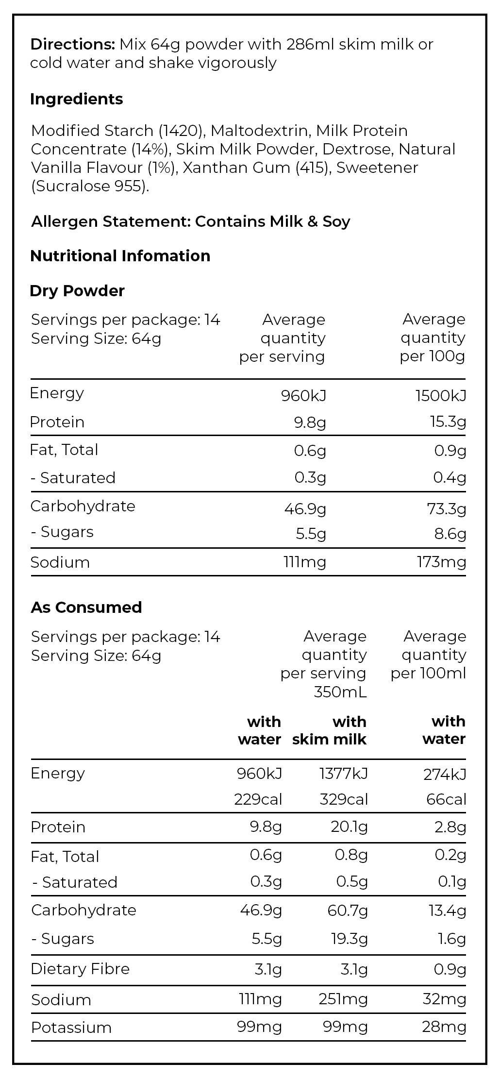 PREPD Hydration Prime Powder Tub nutrition chart in vanilla flavour 