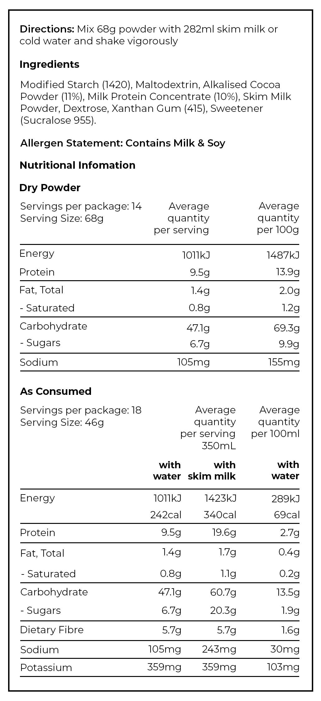 PREPD Hydration Prime Powder Tub nutrition chart in chocolate flavour 