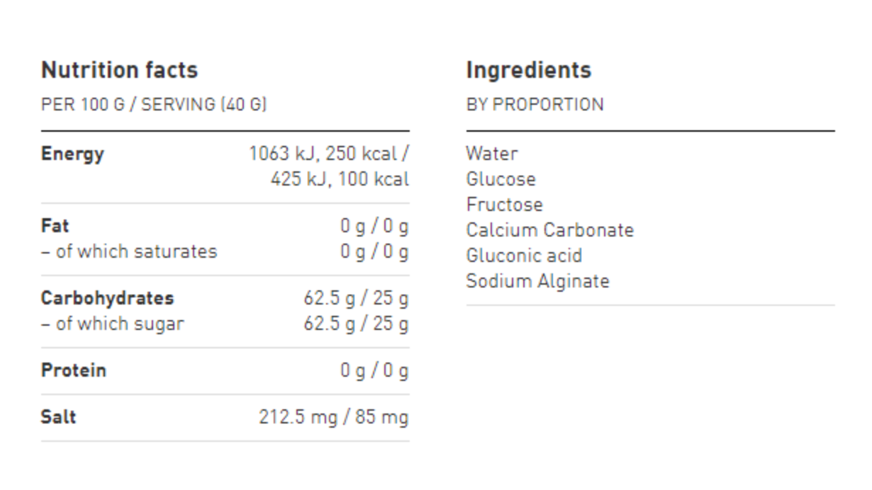 Maurten Gel 100 nutrition chart 