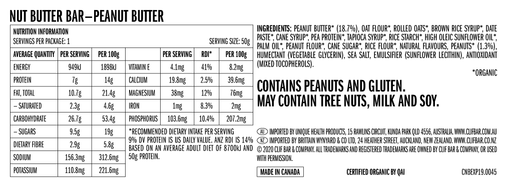Clif Bar - Nut Butter Bar - Peanut Butter - Nutritional Chart