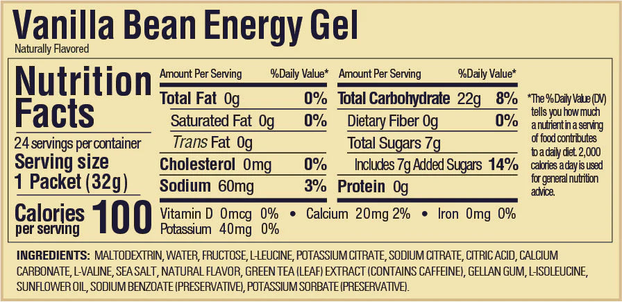 GU Energy - Energy Gels - Vanilla Bean (with caffeine) - Nutritional Chart