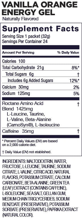 GU Energy - Roctane Energy Gels - Vanilla Orange (35mg caffeine) - Nutritional Chart 