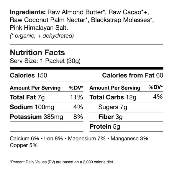 Muir Energy - Energy Gels - Cacao Almond - Nutritional Chart
