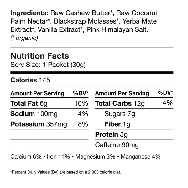 Muir Energy - Energy Gels - Cashew Vanilla Mate - Nutritional Chart
