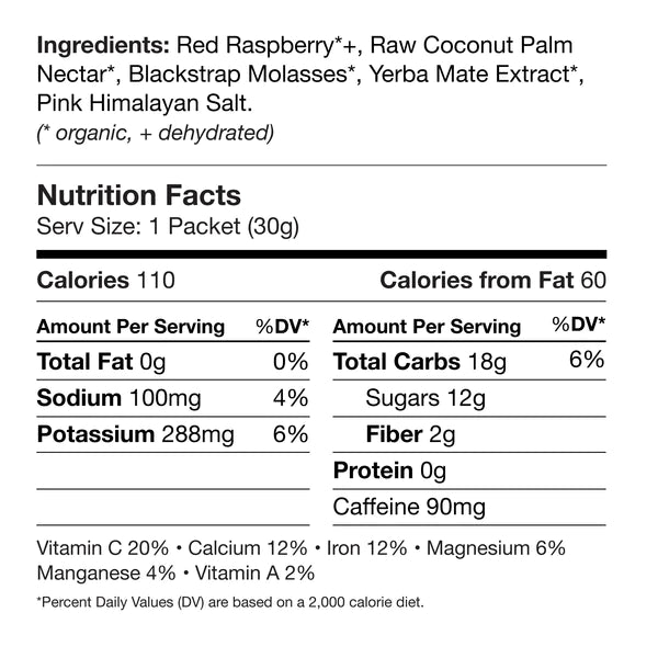 Muir Energy - Energy Gels - Red Raspberry Mate (90mg caffeine) - Nutritional Chart 