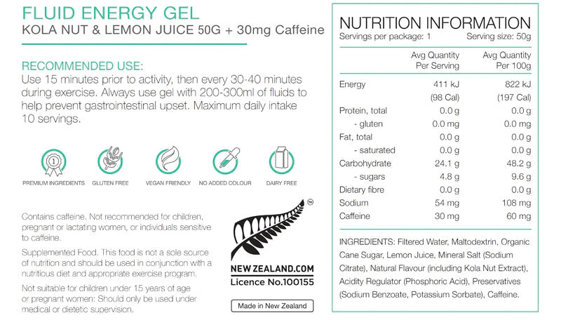 Pure Sports Nutrition - Energy Gels - Kola Nut & Lemon Juice (30mg Caffeine) - Nutrition Chart