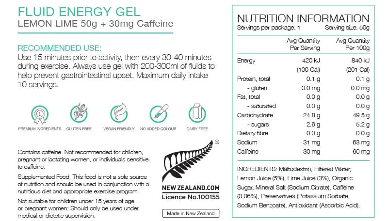 Pure Sports Nutrition - Fluid Energy Gels - Lemon & Lime (30mg Caffeine) - Nutrition Chart