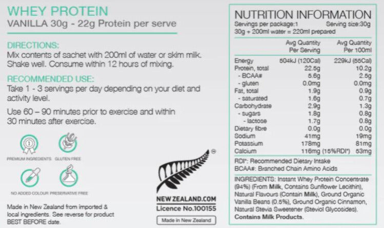 Pure Sports Nutrition - Whey Protein 30g Sachet - Vanilla - Chart
