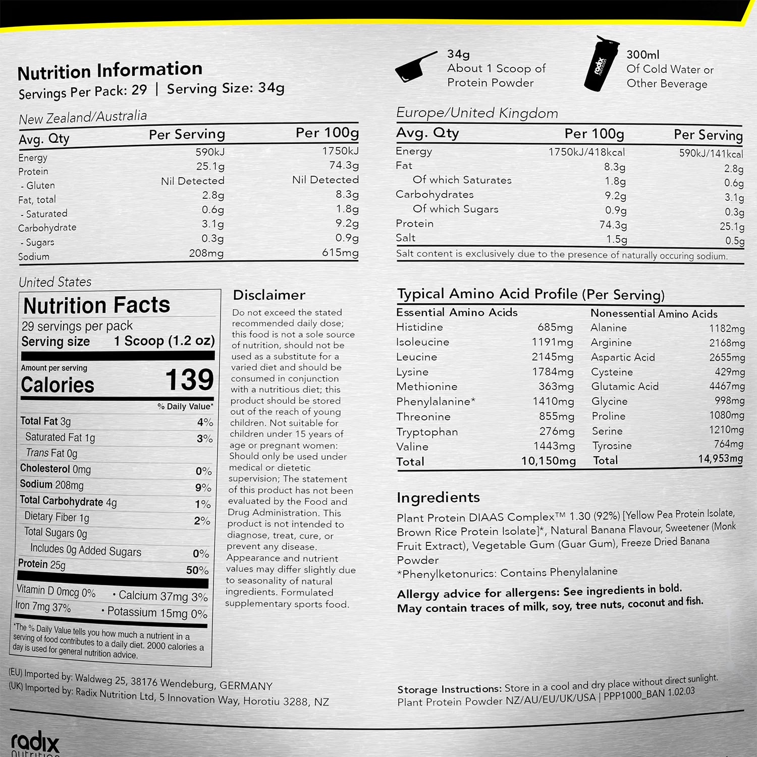 Radix Nutrition - Plant Protein - Banana - Nutrition Chart