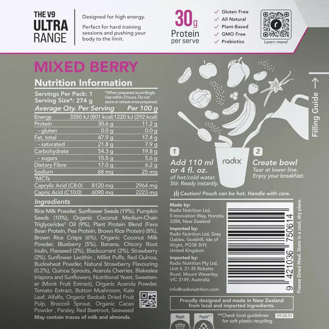 Radix Nutrition - Ultra Breakfast - Mixed Berry - Nutritional Chart