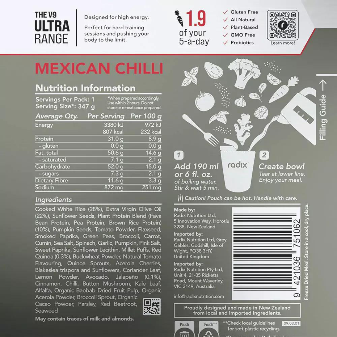 Radix Nutrition - Ultra Meal - Mexican Chilli - Nutritional Chart