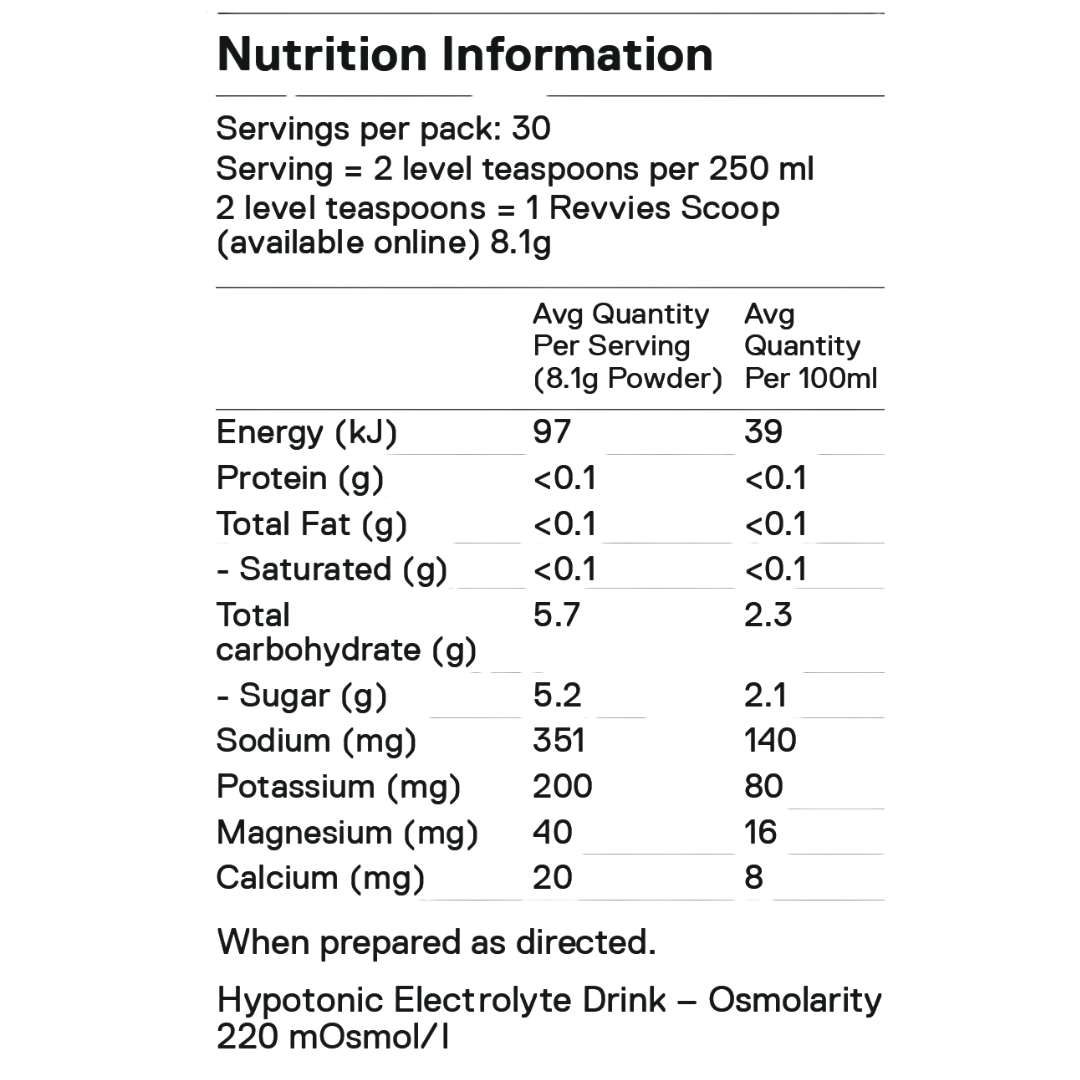 Revvies Hydration - Hypotonic Electrolyte Drink - Wild Berry - Nutritional Chart
