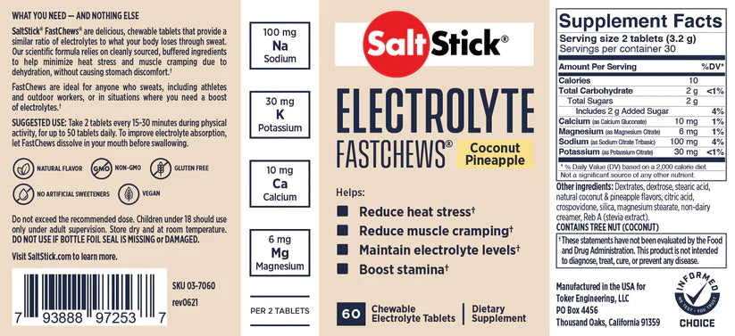 Salt Stick - Electrolyte Fastchews - Coconut Pineapple - Nutrition Chart