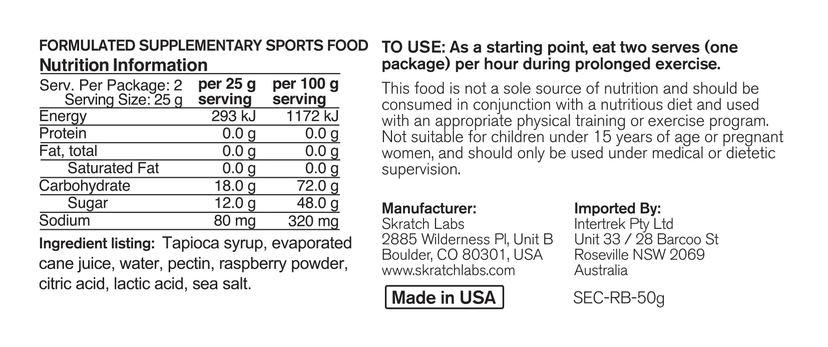 Skratch Labs - Sport Energy Chews - Nutritional Chart