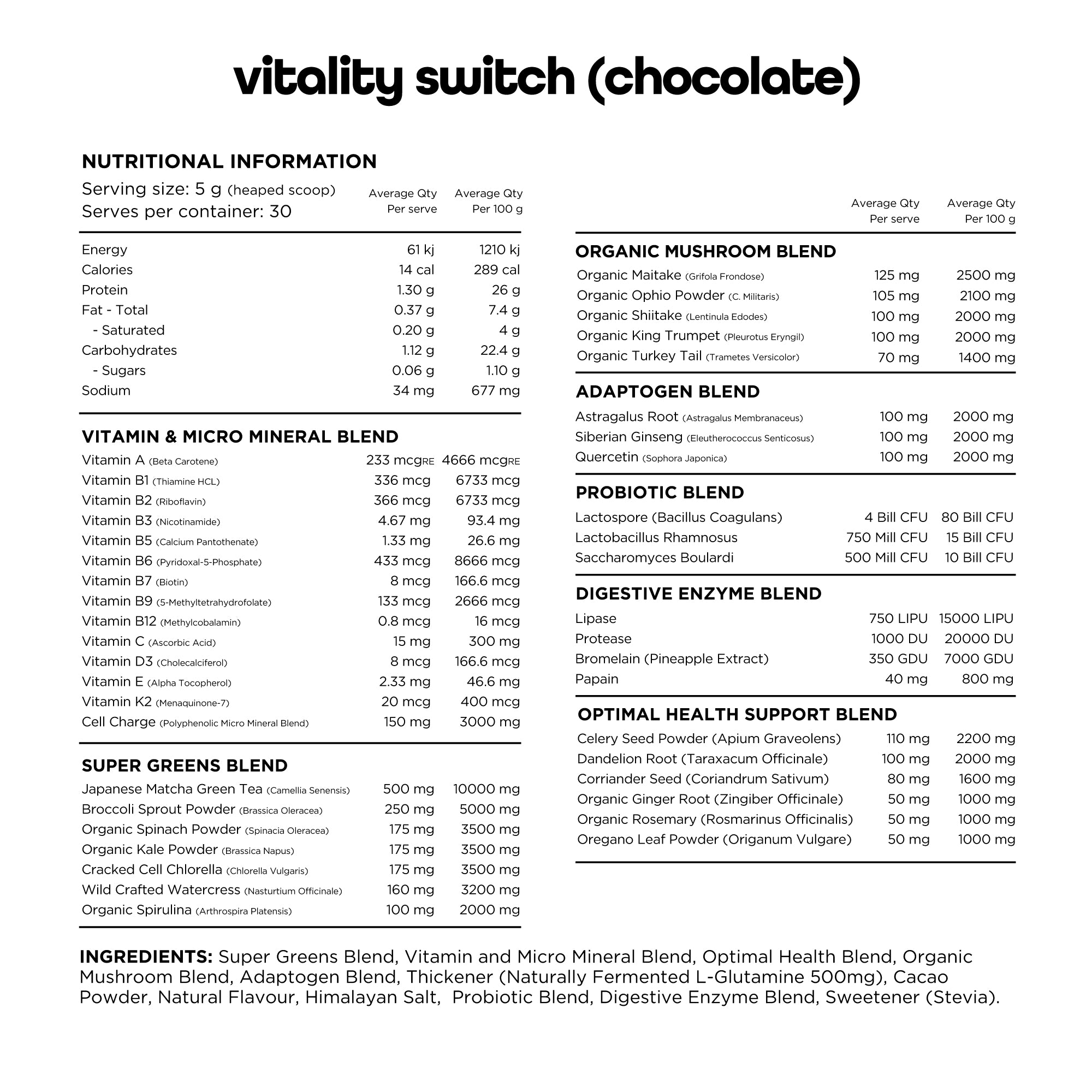 Switch Nutrition - Vitality - Nutrition Chart - Chocolate