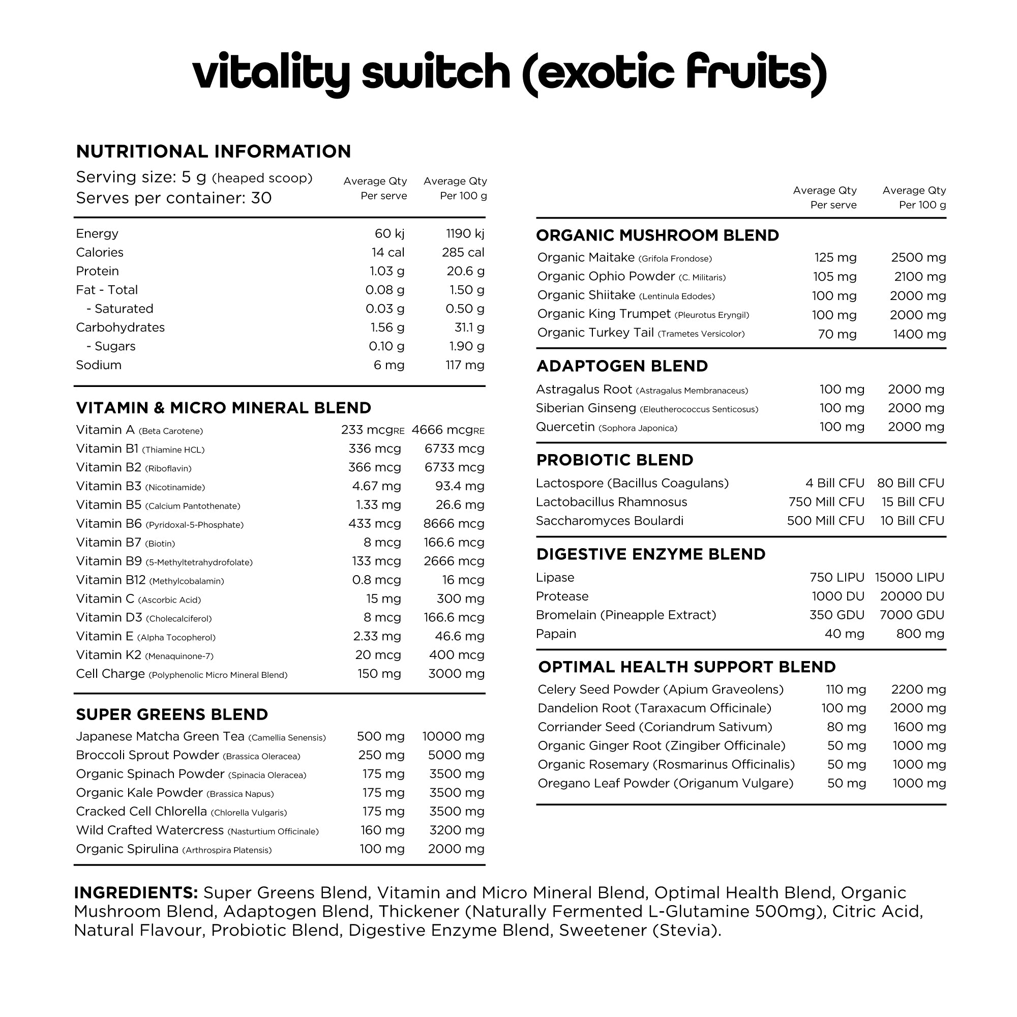 Switch Nutrition - Vitality - Nutrition Chart - Exotic Fruits