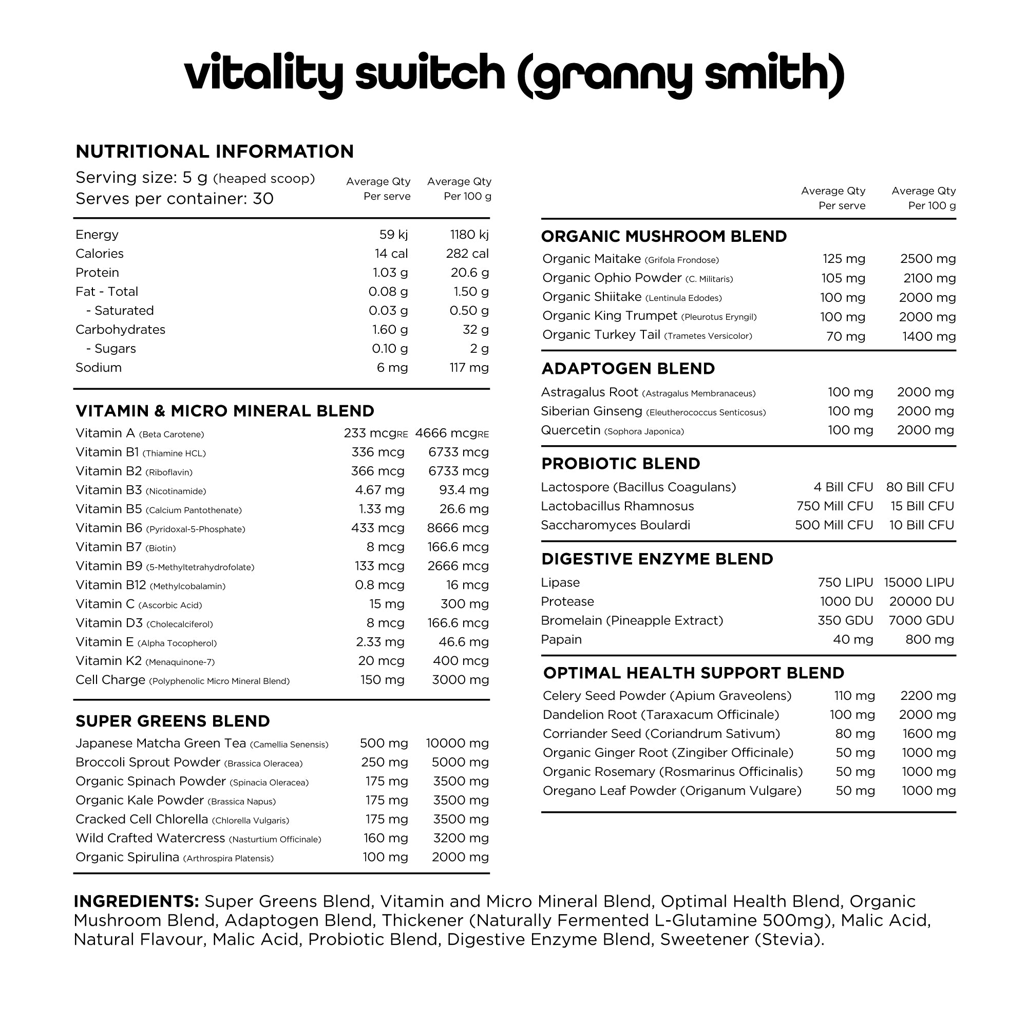Switch Nutrition - Vitality - Nutrition Chart - Granny Smith