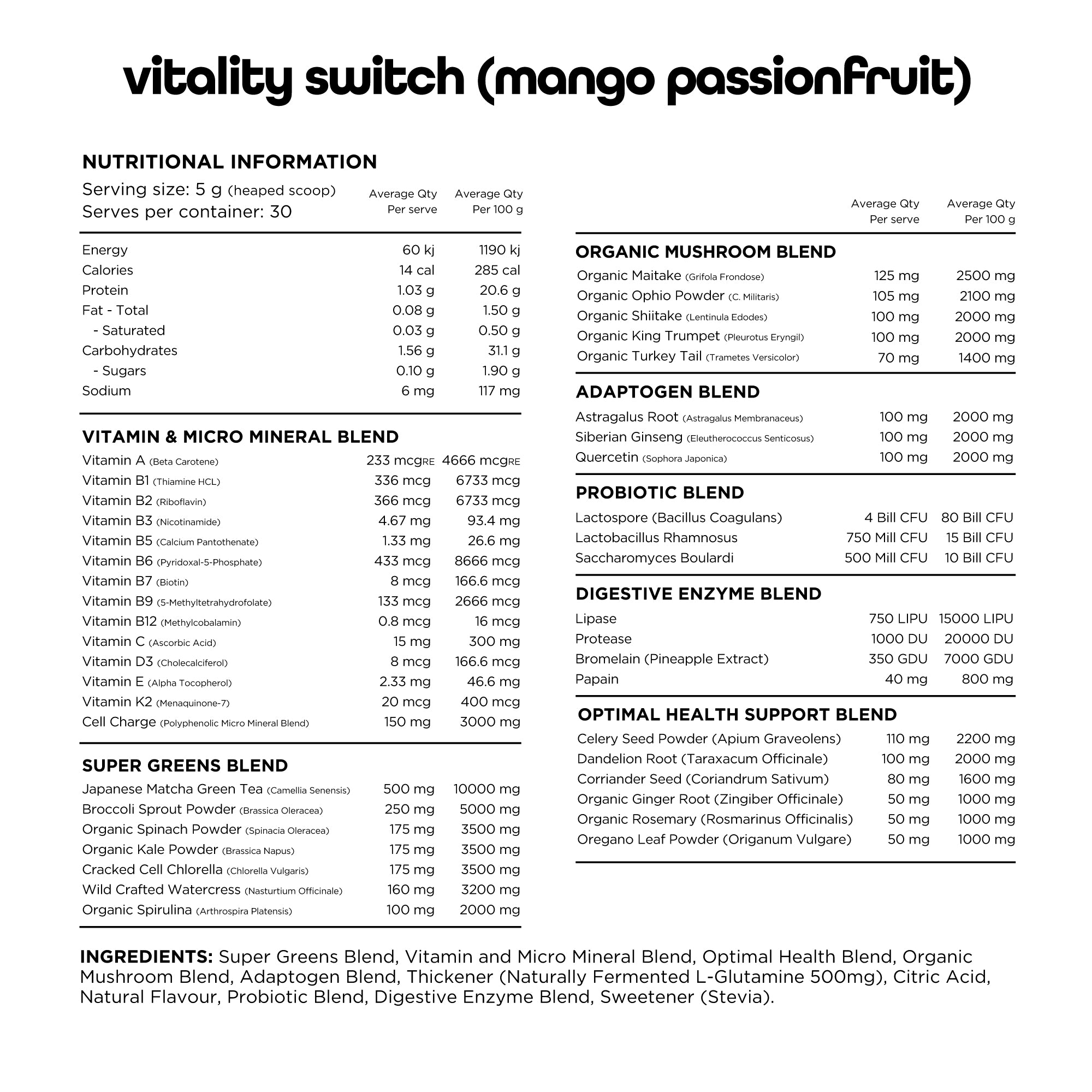 Switch Nutrition - Vitality - Nutrition Chart - Mango Passionfruit