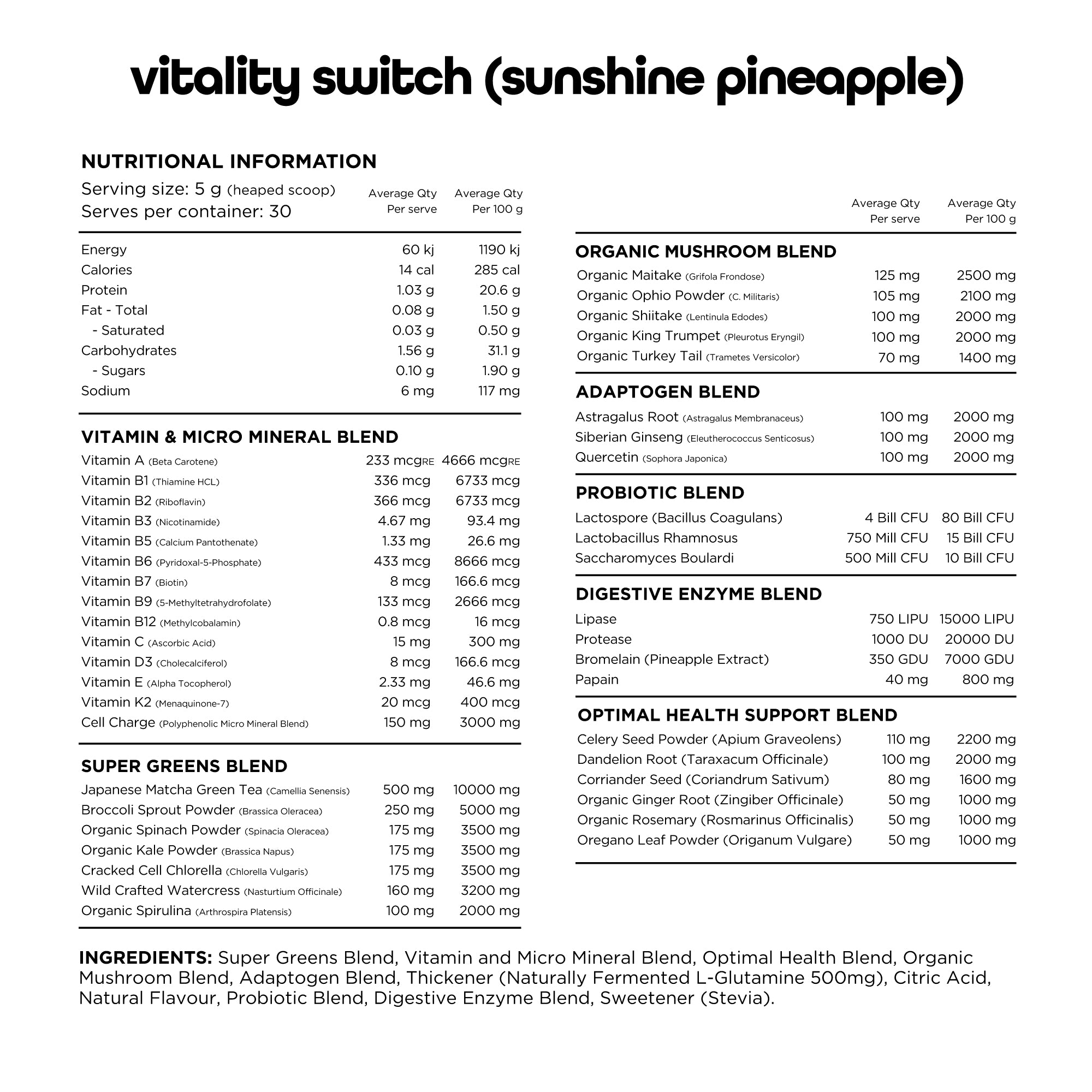 Switch Nutrition - Vitality - Nutrition Chart - Sunshine Pineapple