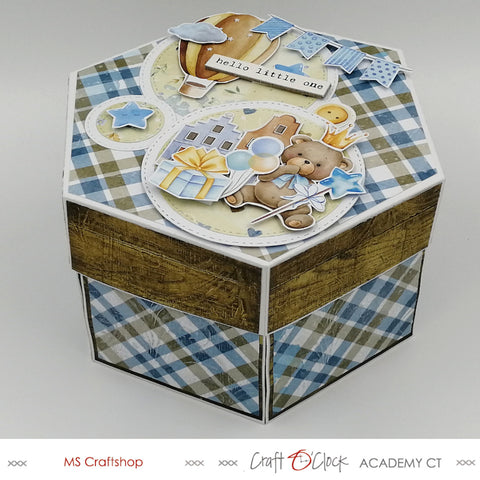 hexagonal-shaped exploding box designed by MS Craftshop for Academy Craft O'Clock, "Hello little boy" collection from Craft O'Clock, presentation, cardmaking, papercraft