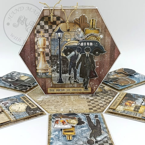 Cardmaking, Peaky Blinders hexagonal-shaped exloding box for a man, made to order, designed by MS Craftshop, Craft O'Clock papers, collection "Age of gentelmen", presentation