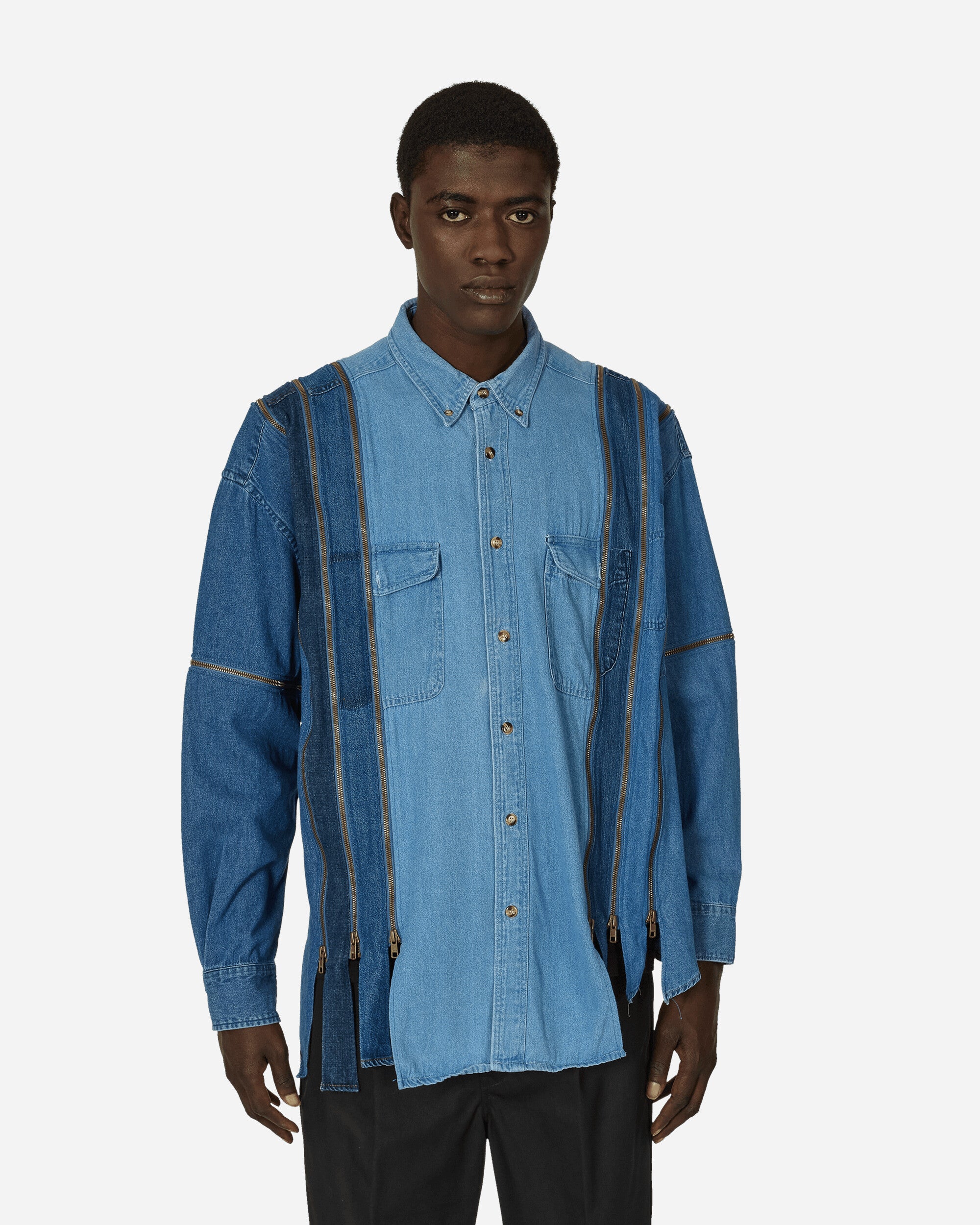 Shop Needles 7 Cuts Zipped Wide Denim Shirt In Blue