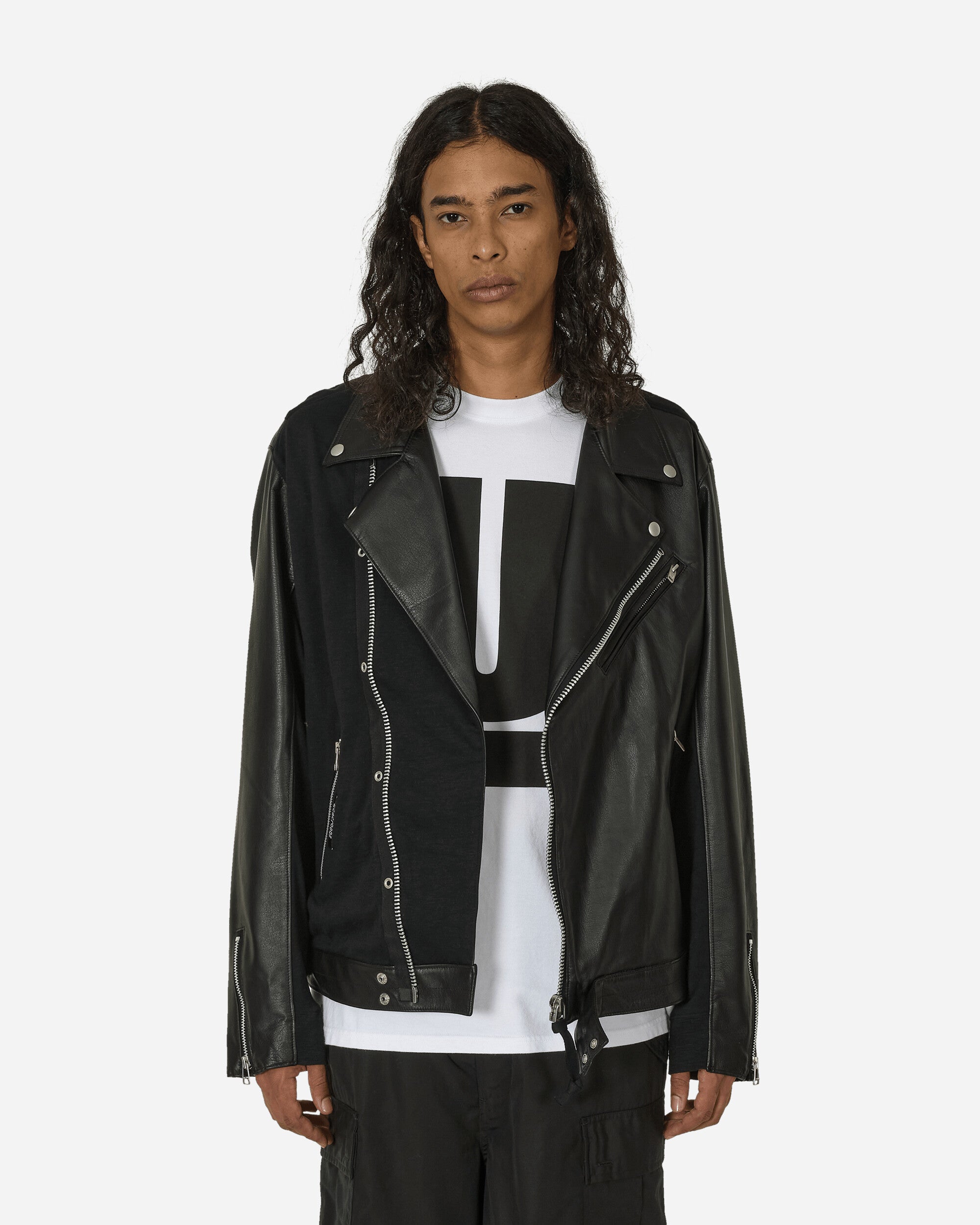 Shop Undercover Slubs Plainstitch Mixed Leather Riders Jacket In Black