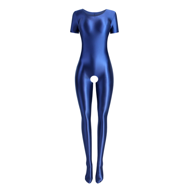 Holle Blue Wet Look Crotchless Catsuit Satinylust