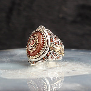 925 Silver Sterling Ring For Men Red Agate Stone Ring Turkey Jewelry Turkish Handmade - Silver Saray