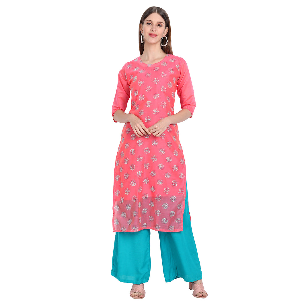 Chanderi Silk Material Pink Colour Rubber Printed Kurti Only