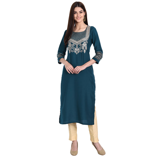 Women Muslin Turquoise Color Fancy Emboidered Kurta A540