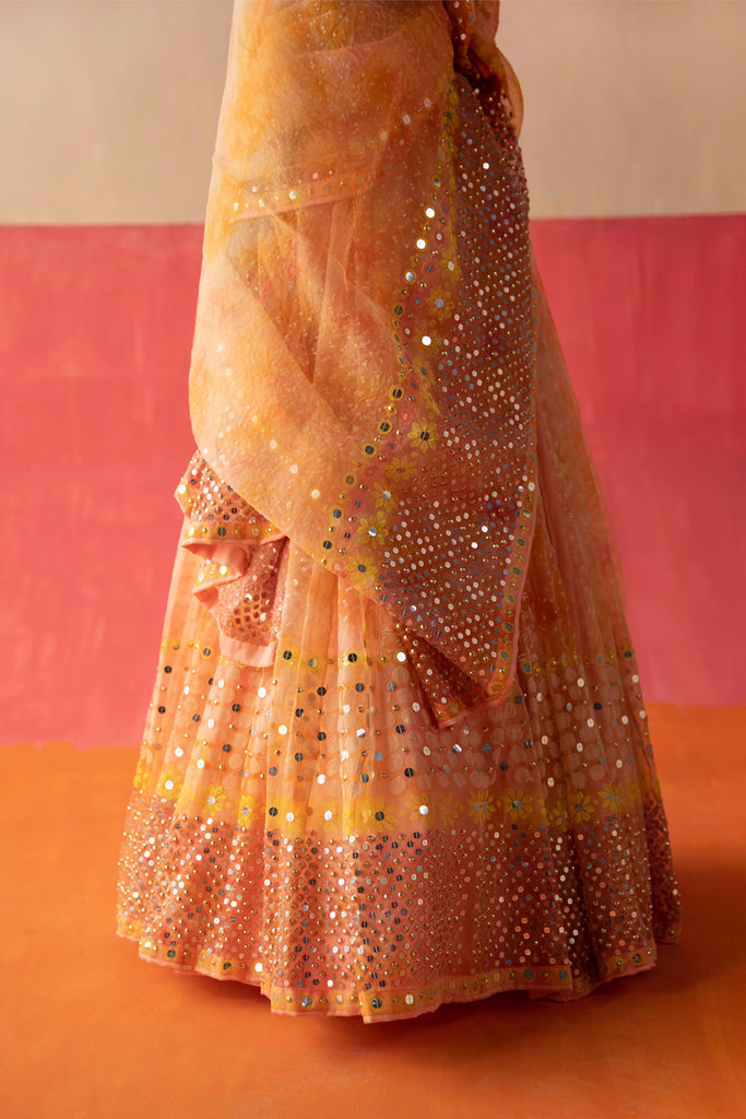 Tie Dyed Chiffon Lehenga in Shaded Fuchsia and Peach : LAA78