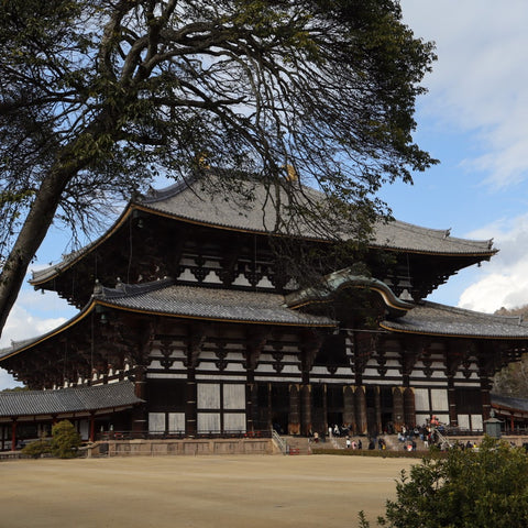 The image shows Tōdai-ji, a famous Buddhist temple in Nara, Japan. The temple features a massive wooden structure with an ornate, multi-tiered roof adorned with golden details. The foreground includes a large courtyard and a tree with branches framing the upper portion of the image. The sky is partly cloudy, providing a serene backdrop to the historical architecture. Visitors can be seen near the entrance, highlighting the temple's scale and significance as a cultural landmark.