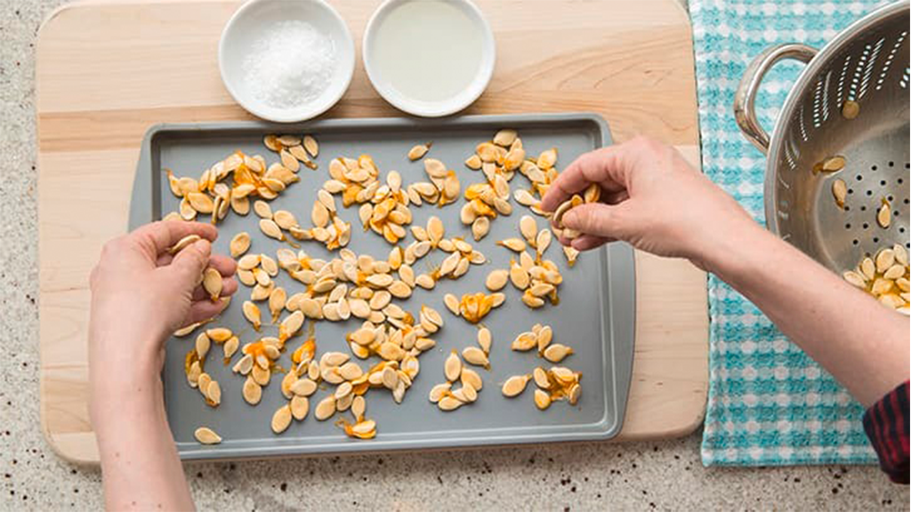 pumpkin seeds on a tray