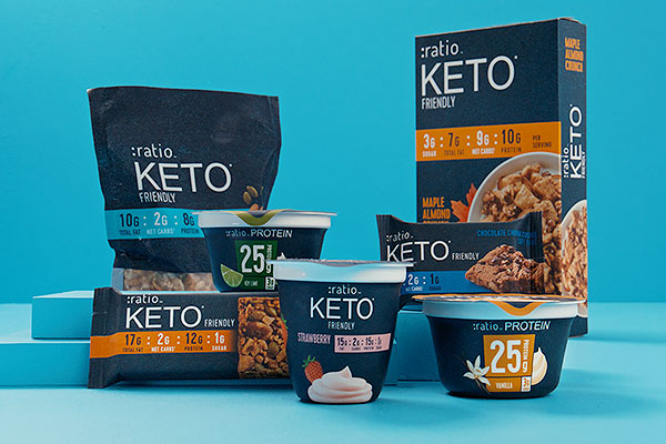 An assortment of Ratio KETO Friendly products on a blue backdrop including granola, cereal, dairy snacks, brownies, and crunchy bars.